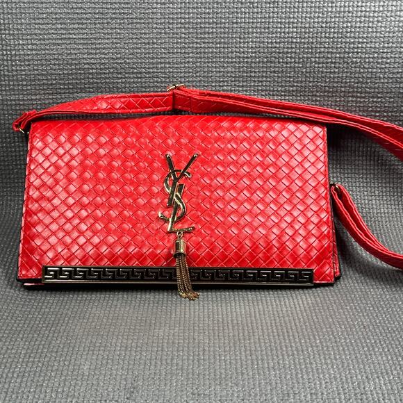 YSL Yves Saint Laurent Shoulder Bag Red Woven Leather Tassel Pockets - Picture 1 of 11